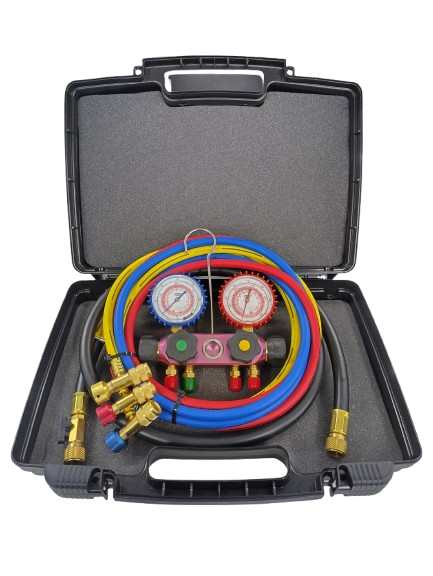 CPS BlackMax® 4-Valve R410A/R32 Manifold Gauge Set with 5' SafeMate Hoses and Vacuum Hose MV12BJ5NG