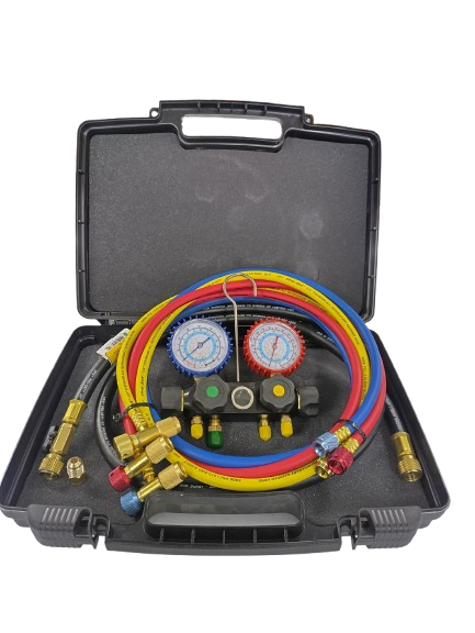 CPS BlackMax® 4-Valve R134A/R22/R404 Manifold Gauge Set with 5' SafeMate Hoses and Vacuum Hose MV4TP5NG