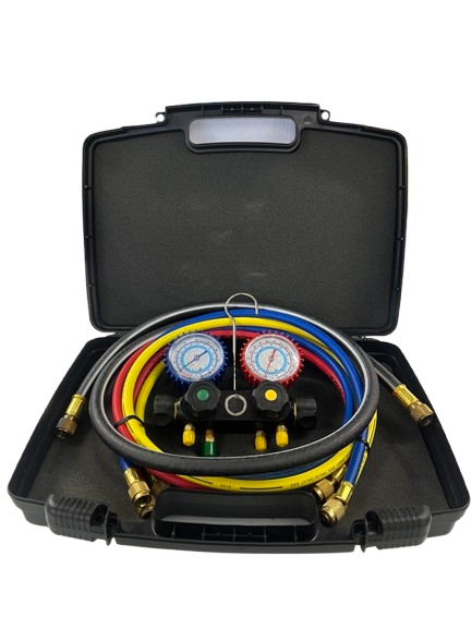 CPS BlackMax® 4-Valve R134A/R22/R404 Manifold Gauge Set with 5' Premium Hoses and Vacuum Hose MV4TP5